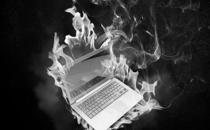 laptop fire black and white